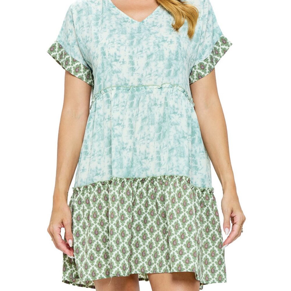 Tie Dye Print Oversize Green Short Dress Boho NWT